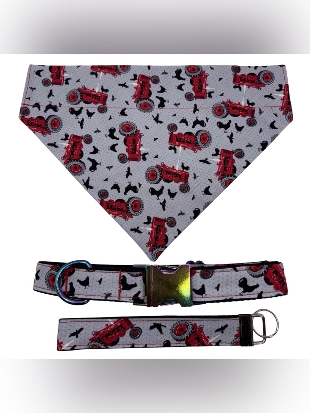 Dog Collar & Bandana Black W/ Farm Tractor Print Large Handmade Heavy Duty NEW